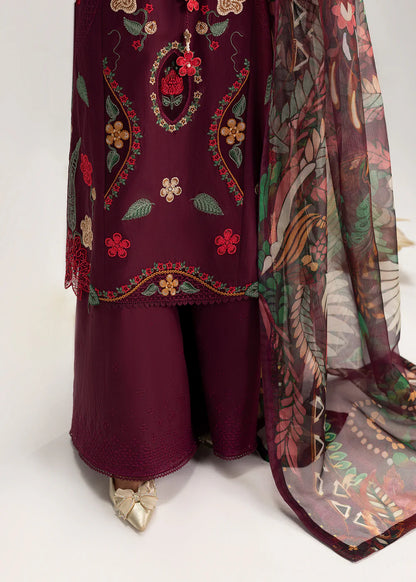Wine Embroidered Premium Lawn Suit with Embroidered Trousers