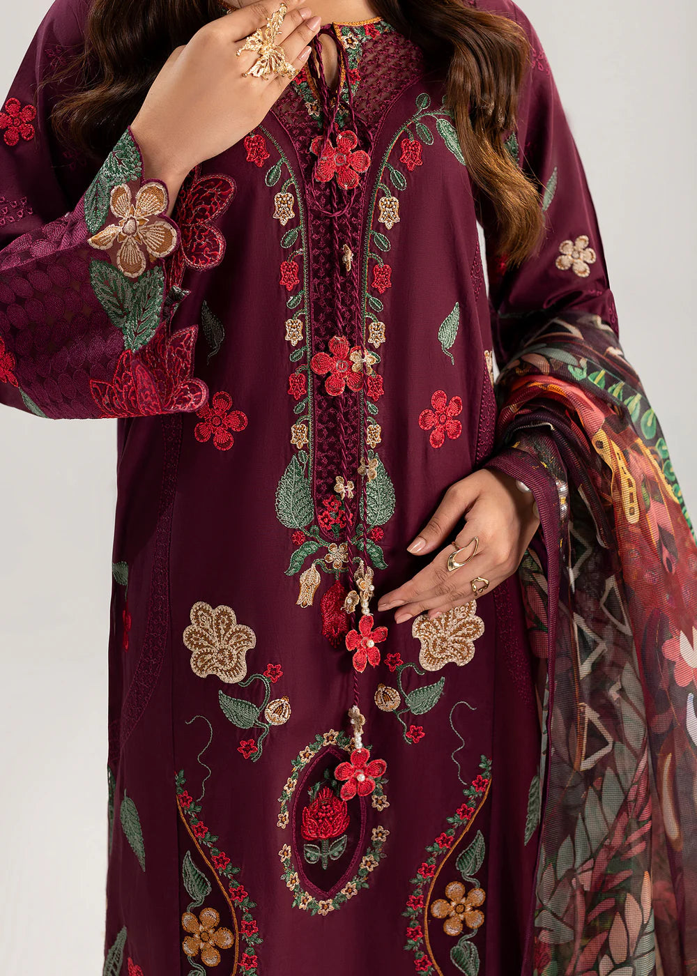 Wine Embroidered Premium Lawn Suit with Embroidered Trousers