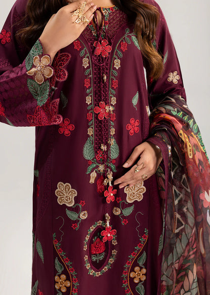 Wine Embroidered Premium Lawn Suit with Embroidered Trousers