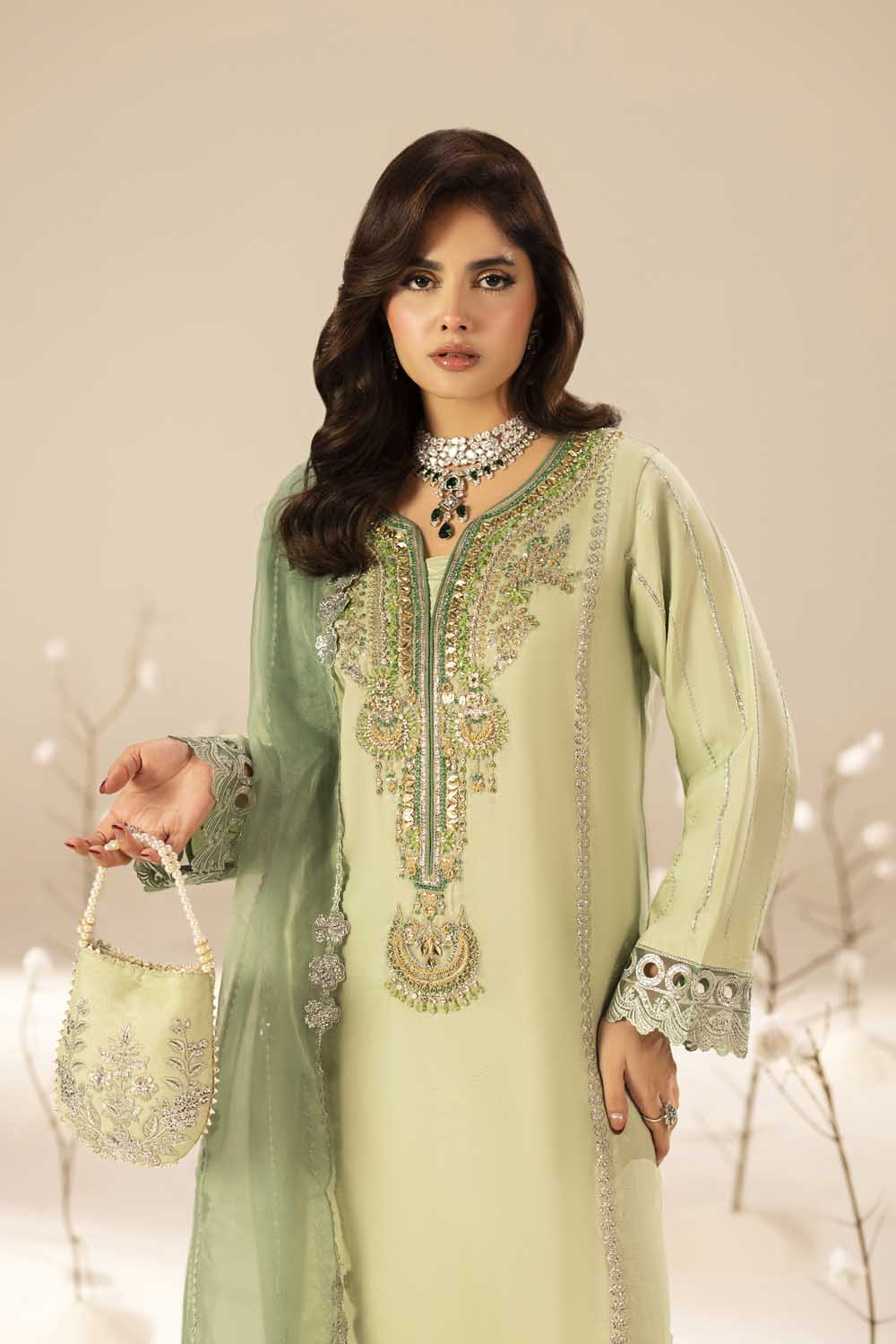 Mint Green Hand Embellished & Embroidered Raw Silk Suit with Potil