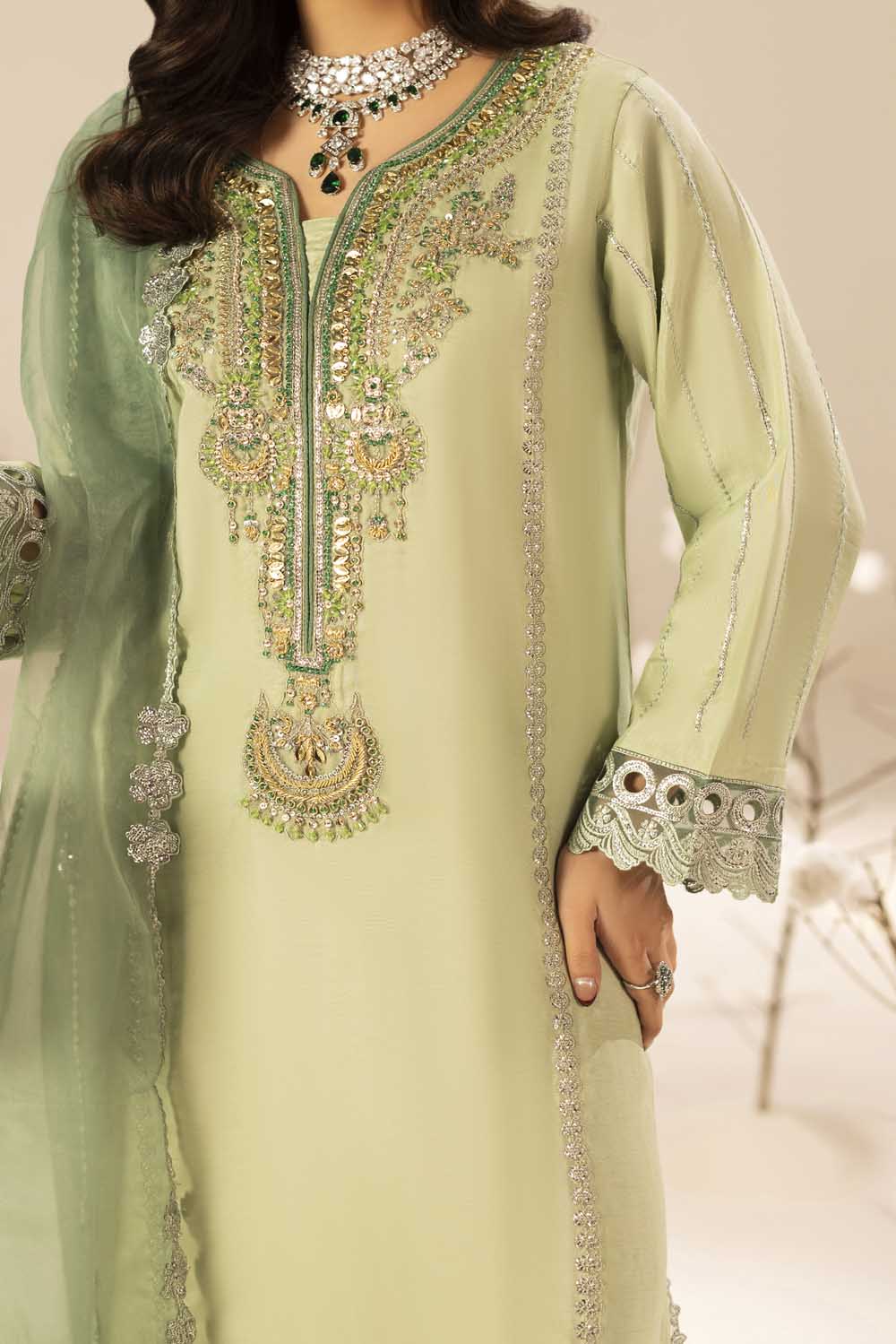 Mint Green Hand Embellished & Embroidered Raw Silk Suit with Potil