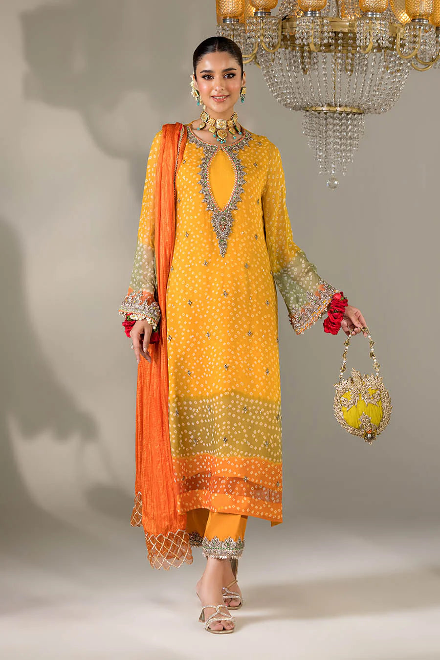 Hand Embroidered Mustard Yellow Chunnari Designer Suit