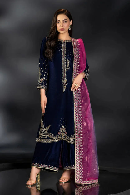 Navy Blue Sequins Embroidered Velvet Suit with Shocking Pink Dupatta