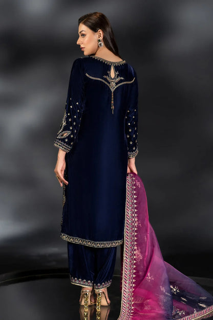 Navy Blue Sequins Embroidered Velvet Suit with Shocking Pink Dupatta