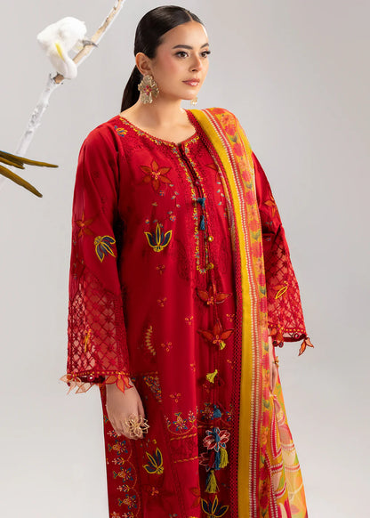 Red Lawn Cotton Suit with Khadi Net Dupatta