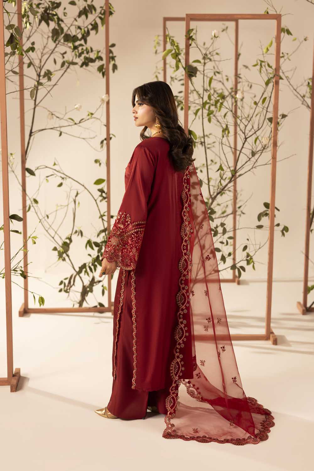 Red Hand Embellished & Embroidered Raw Silk Suit with Potil