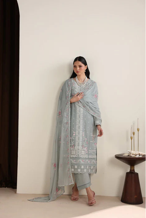 Ash Grey Embroidered Luxury Lawn Suit with Chiffon Dupatta