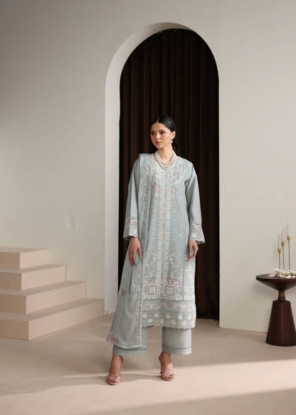 Ash Grey Embroidered Luxury Lawn Suit with Chiffon Dupatta