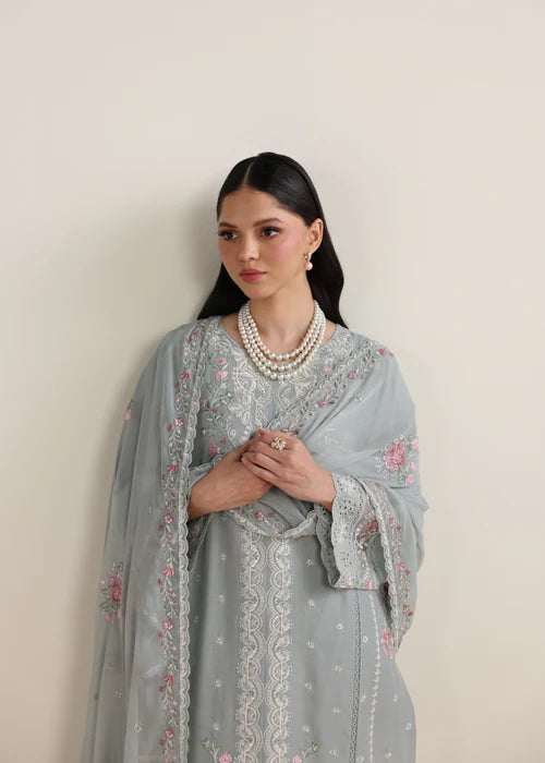 Ash Grey Embroidered Luxury Lawn Suit with Chiffon Dupatta