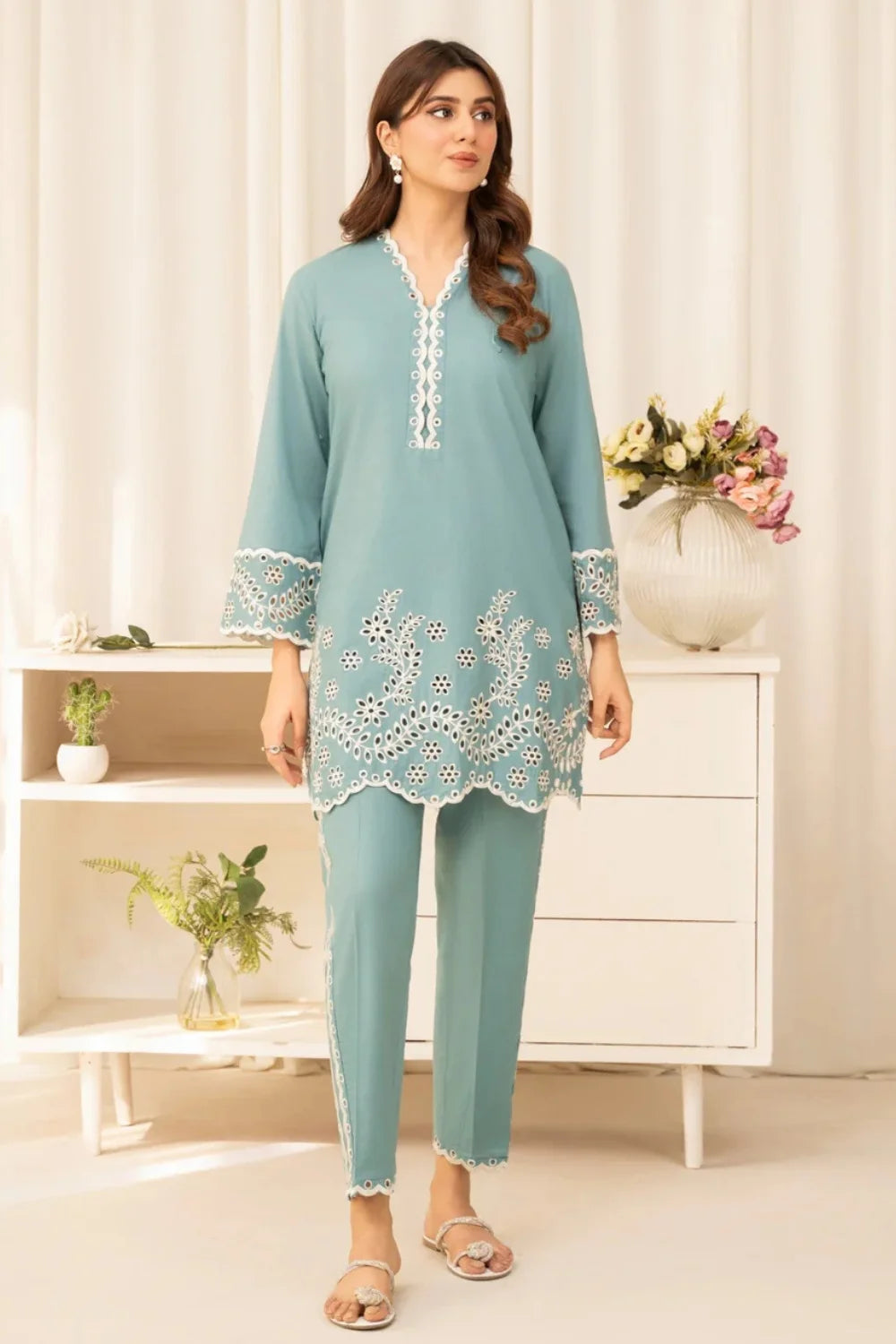 Ice Blue Embroidered Lawn Kurta Set