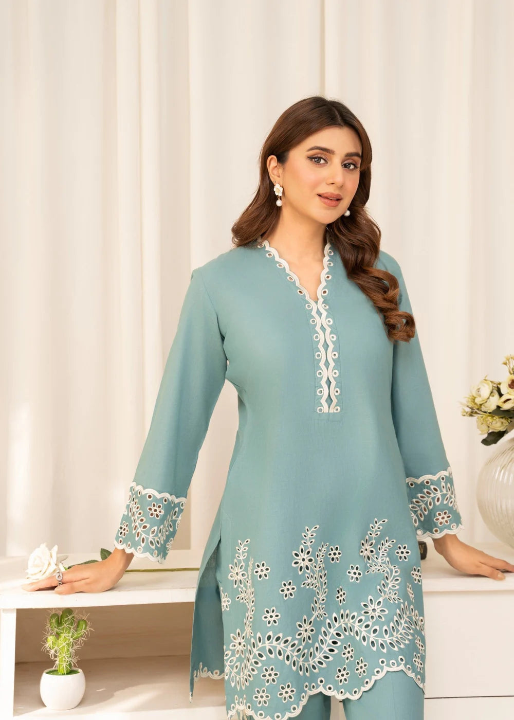 Ice Blue Embroidered Lawn Kurta Set