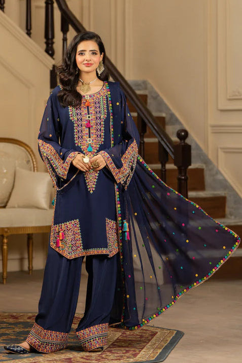 Navy Blue Georgette Chiffon Farshi Shalwar Suit with Dori Work