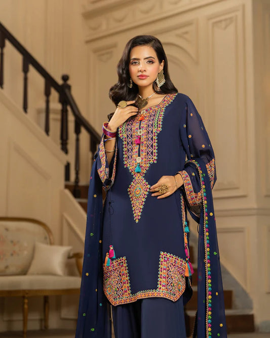 Navy Blue Georgette Chiffon Farshi Shalwar Suit with Dori Work