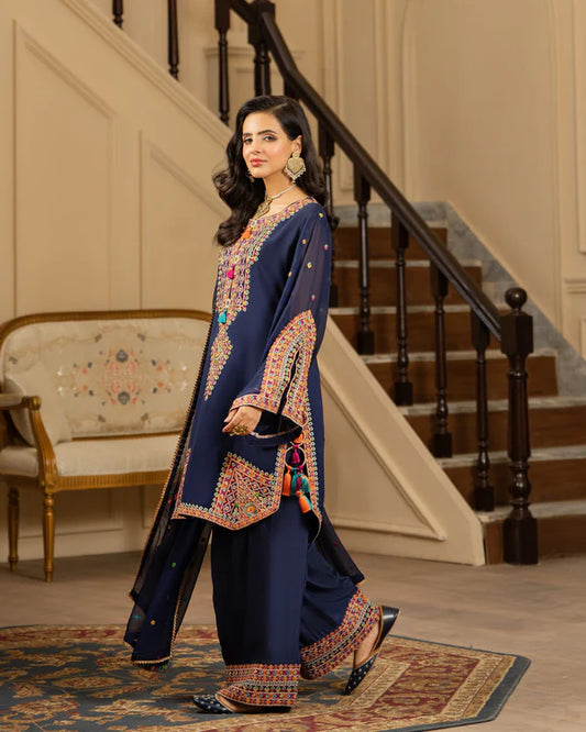 Navy Blue Georgette Chiffon Farshi Shalwar Suit with Dori Work