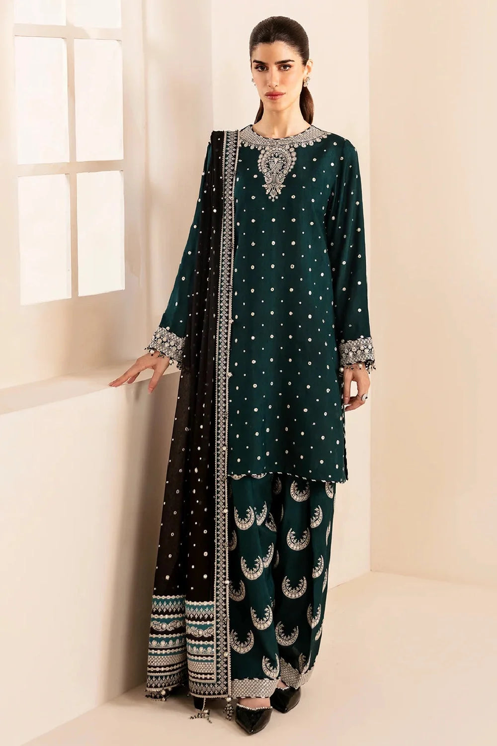 Bottle Green Embroidered Raw Silk Suit with Hand Embellished Neckline