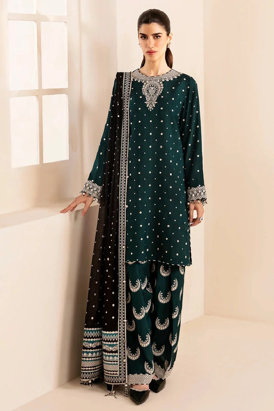 Bottle Green Embroidered Raw Silk Suit with Hand Embellished Neckline
