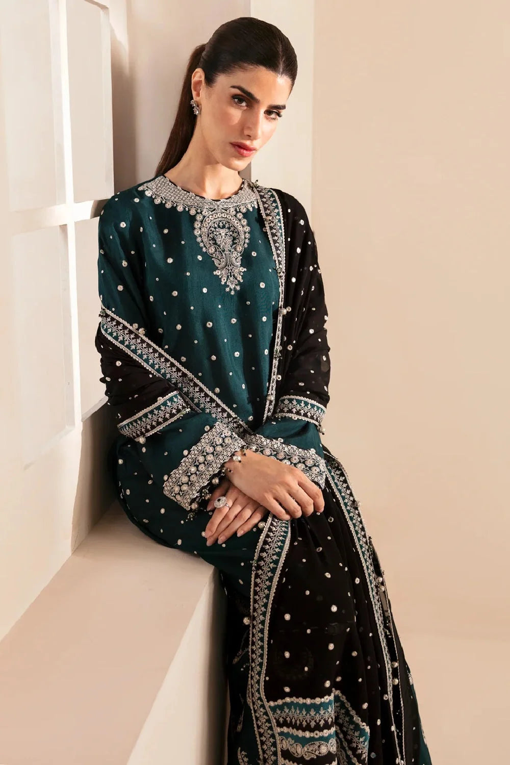 Bottle Green Embroidered Raw Silk Suit with Hand Embellished Neckline