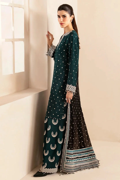 Bottle Green Embroidered Raw Silk Suit with Hand Embellished Neckline