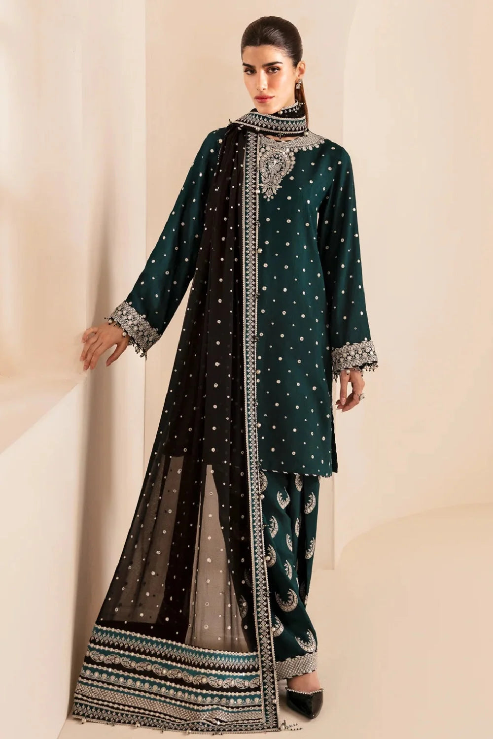 Bottle Green Embroidered Raw Silk Suit with Hand Embellished Neckline