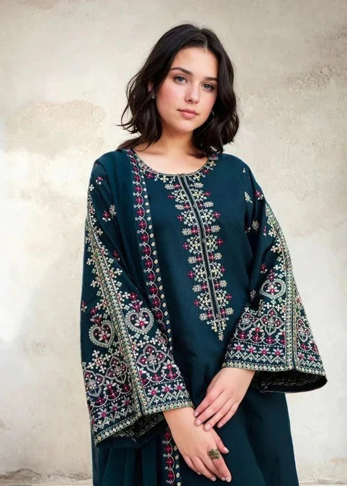 Cobalt Blue Embroidered Winter Kurta Set with Dupatta