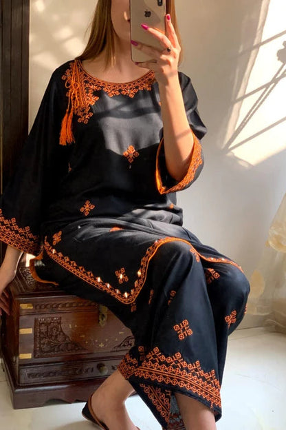 Black Linen Embroidered Kurta Set with Mirror Work