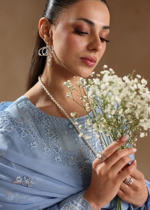 Sky Blue Embroidered Luxury Lawn Suit with Chiffon Dupatta