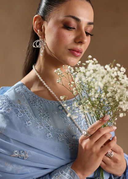 Sky Blue Embroidered Luxury Lawn Suit with Chiffon Dupatta