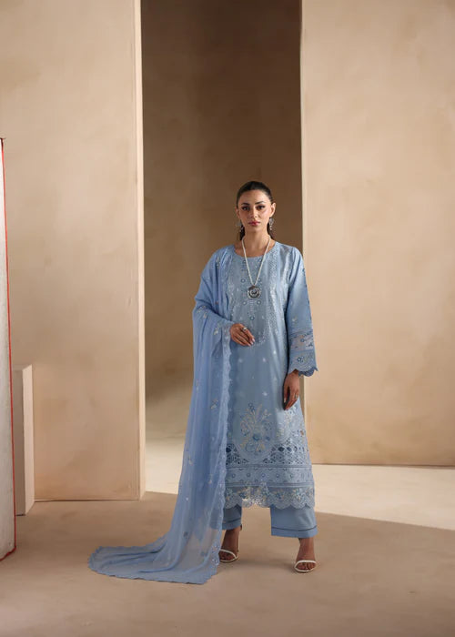 Sky Blue Embroidered Luxury Lawn Suit with Chiffon Dupatta