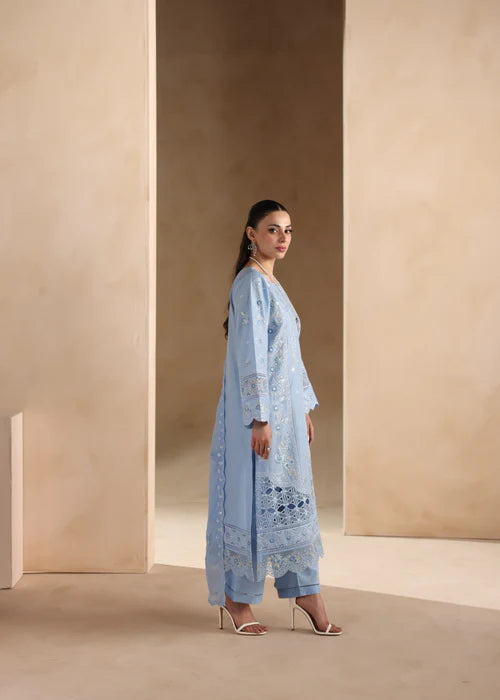 Sky Blue Embroidered Luxury Lawn Suit with Chiffon Dupatta