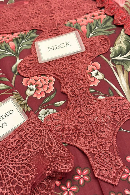Dusty Red Floral Printed Pure Lawn Suit with Embroidered Laces