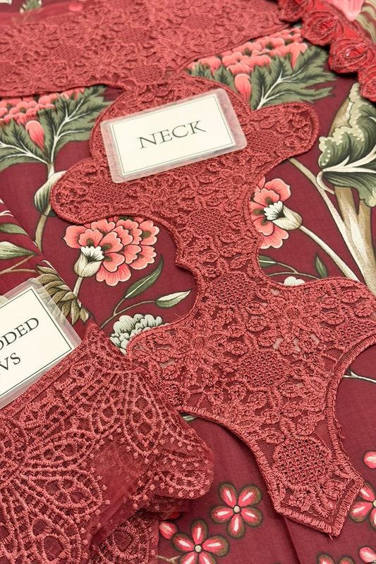 Dusty Red Floral Printed Pure Lawn Suit with Embroidered Laces