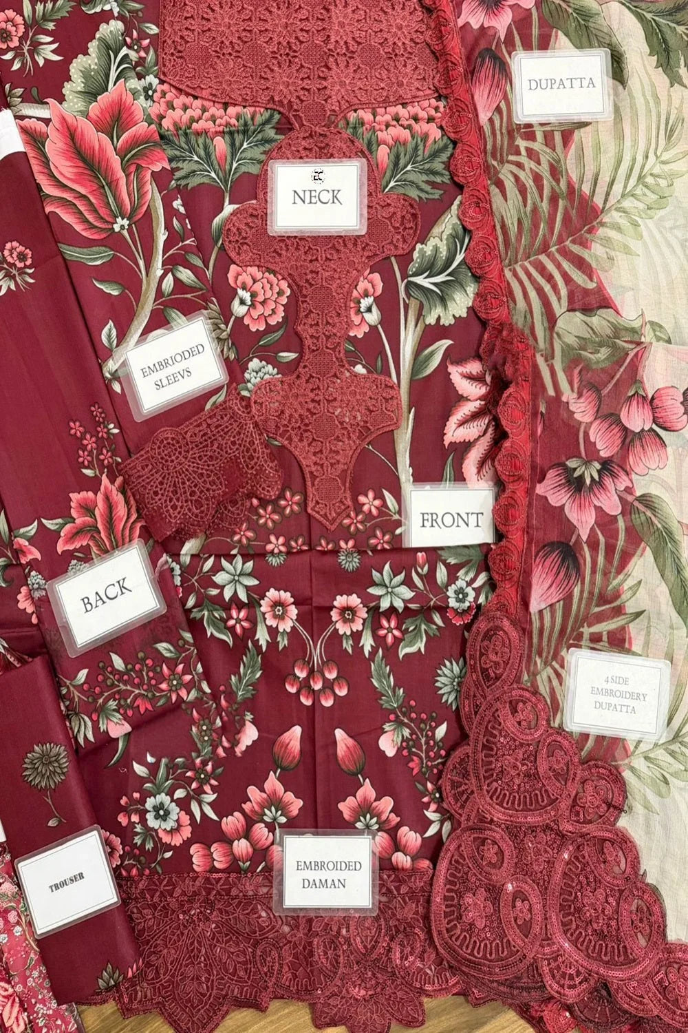 Dusty Red Floral Printed Pure Lawn Suit with Embroidered Laces