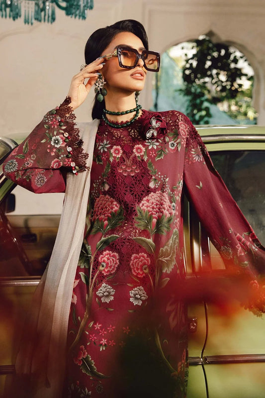 Dusty Red Floral Printed Pure Lawn Suit with Embroidered Laces