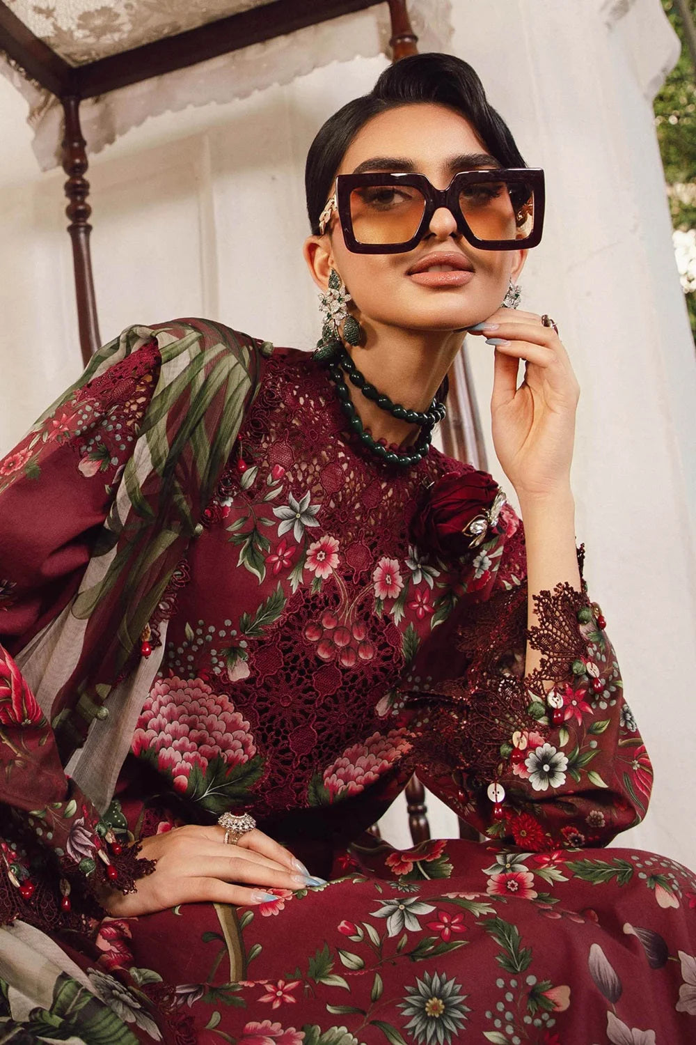 Dusty Red Floral Printed Pure Lawn Suit with Embroidered Laces