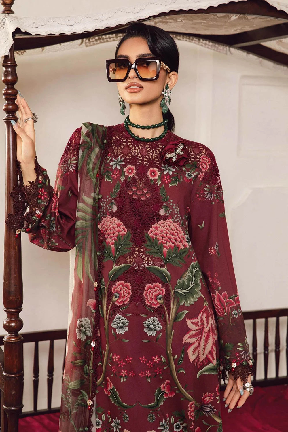 Dusty Red Floral Printed Pure Lawn Suit with Embroidered Laces