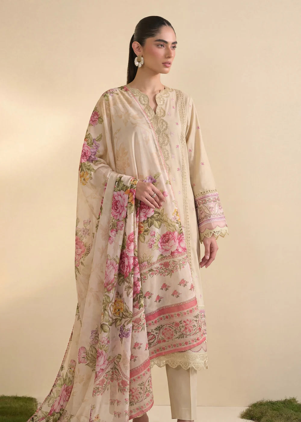 Beige Lawn Embroidered Suit