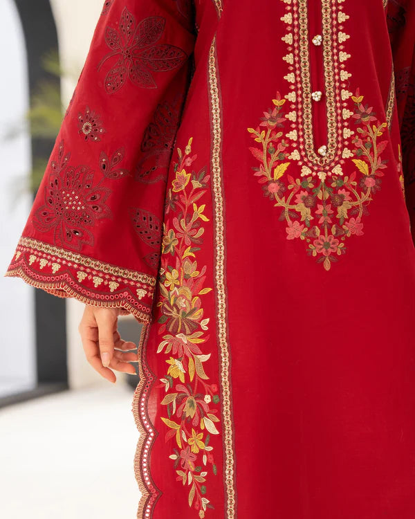 Wine Red Pure Cotton Chikankari Embroidered Suit with Cutwork Details