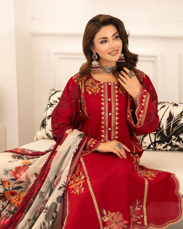 Wine Red Pure Cotton Chikankari Embroidered Suit with Cutwork Details