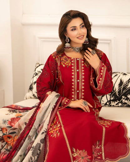 Wine Red Pure Cotton Chikankari Embroidered Suit with Cutwork Details