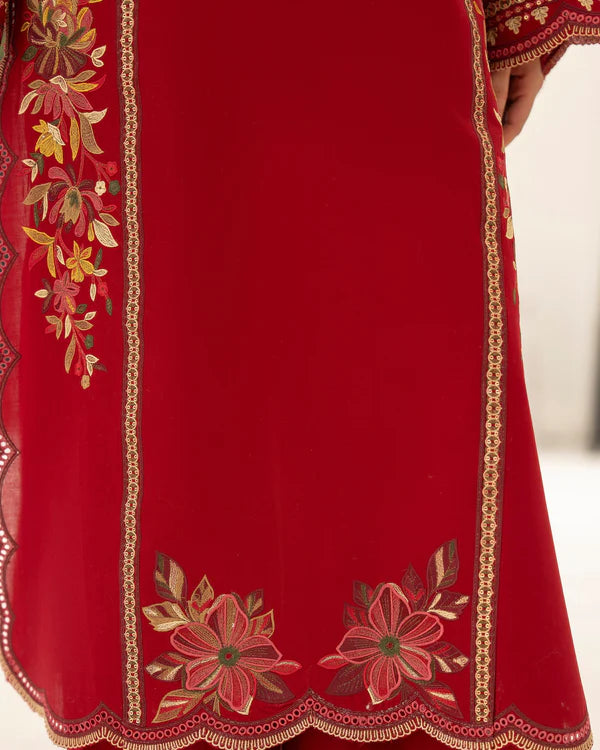 Wine Red Pure Cotton Chikankari Embroidered Suit with Cutwork Details