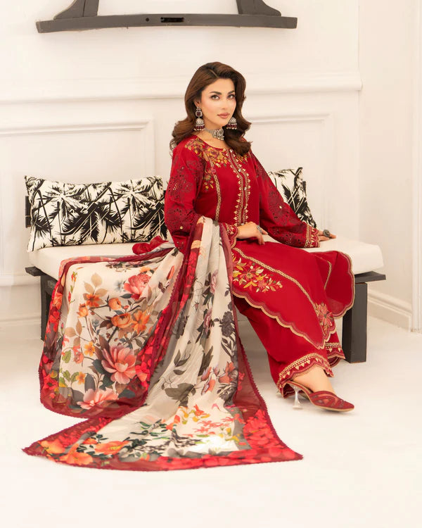 Wine Red Pure Cotton Chikankari Embroidered Suit with Cutwork Details