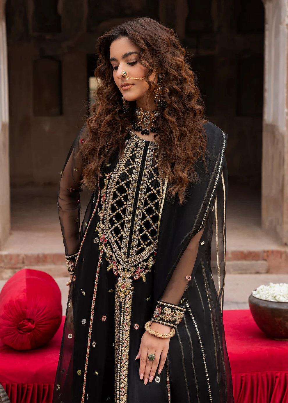 Black Embellished Organza A-Line Shirt with Sharara