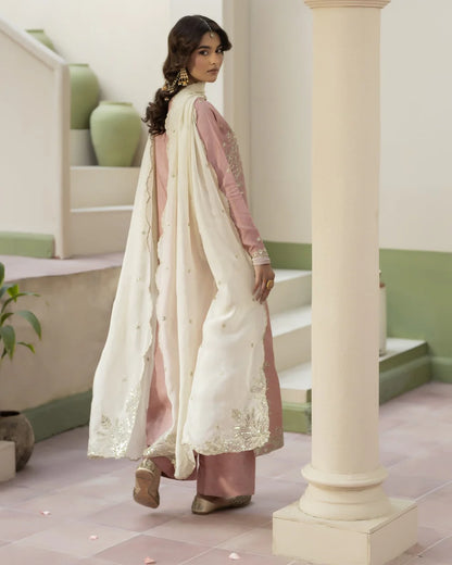 Raw Silk Embroidered T Pink Partywear Suit
