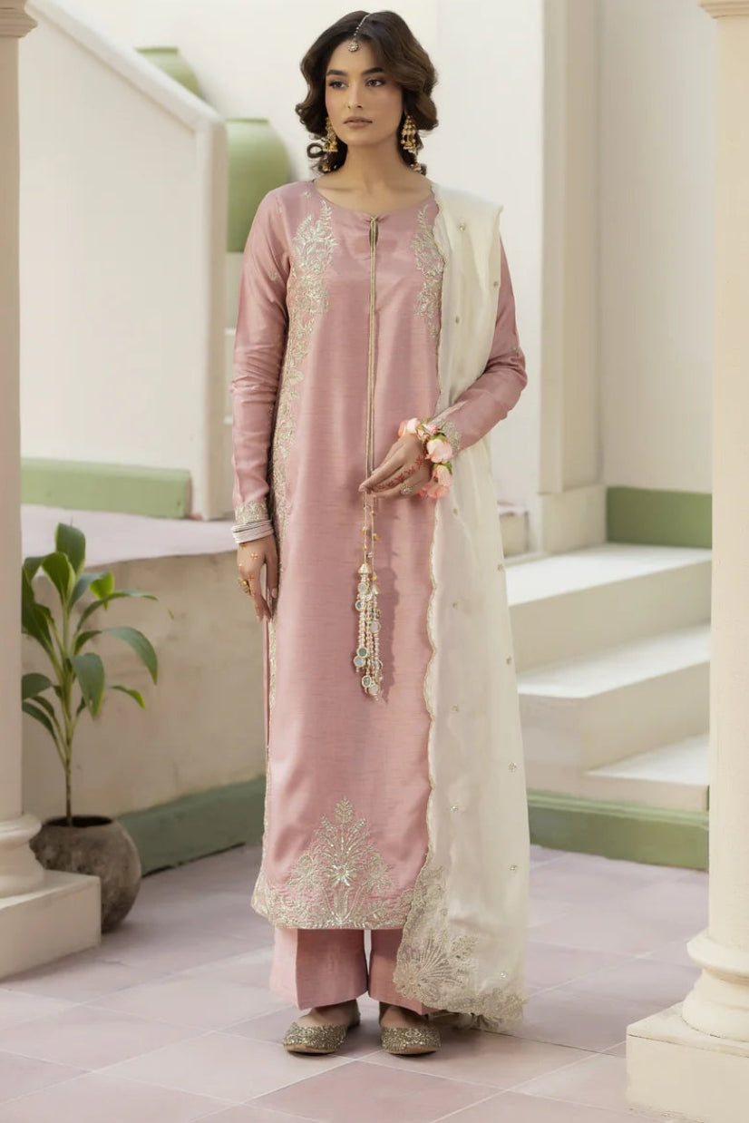 Raw Silk Embroidered T Pink Partywear Suit
