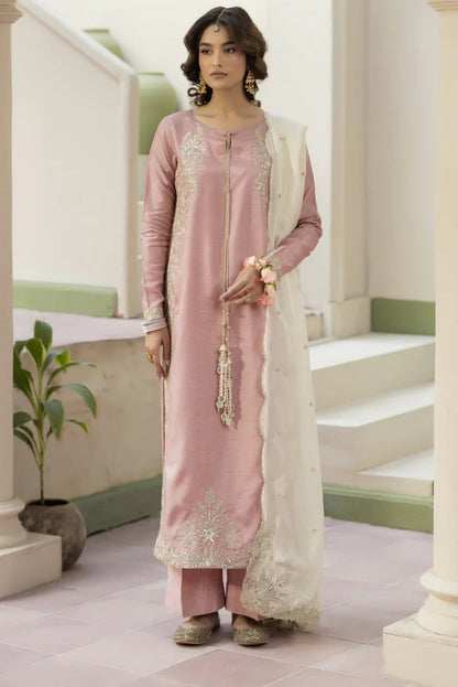 Raw Silk Embroidered T Pink Partywear Suit