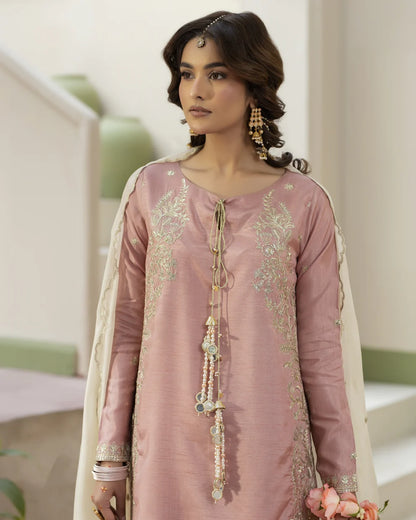 Raw Silk Embroidered T Pink Partywear Suit
