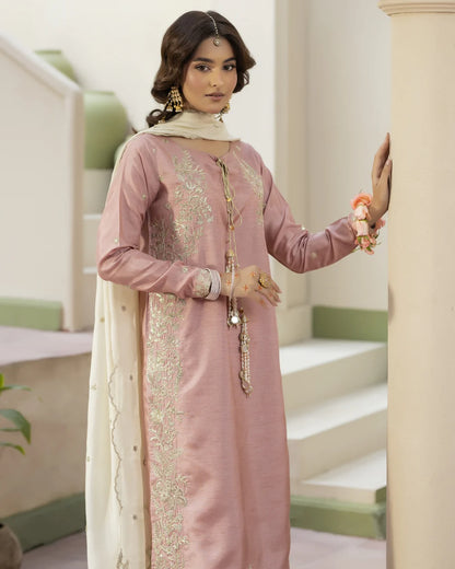 Raw Silk Embroidered T Pink Partywear Suit