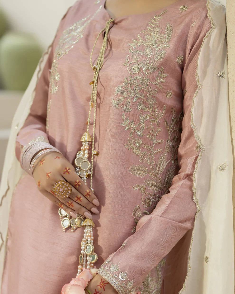 Raw Silk Embroidered T Pink Partywear Suit