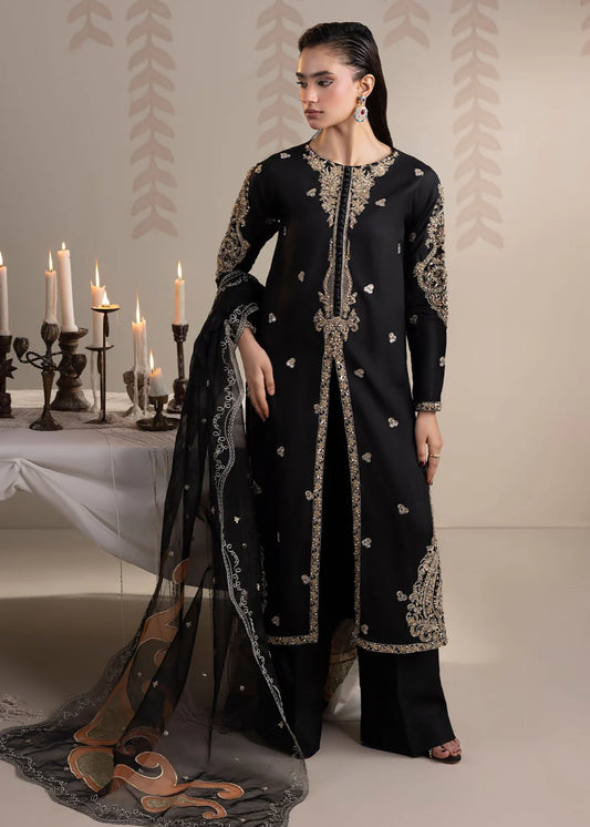 Black Embellished Raw Silk Front-Open Suit
