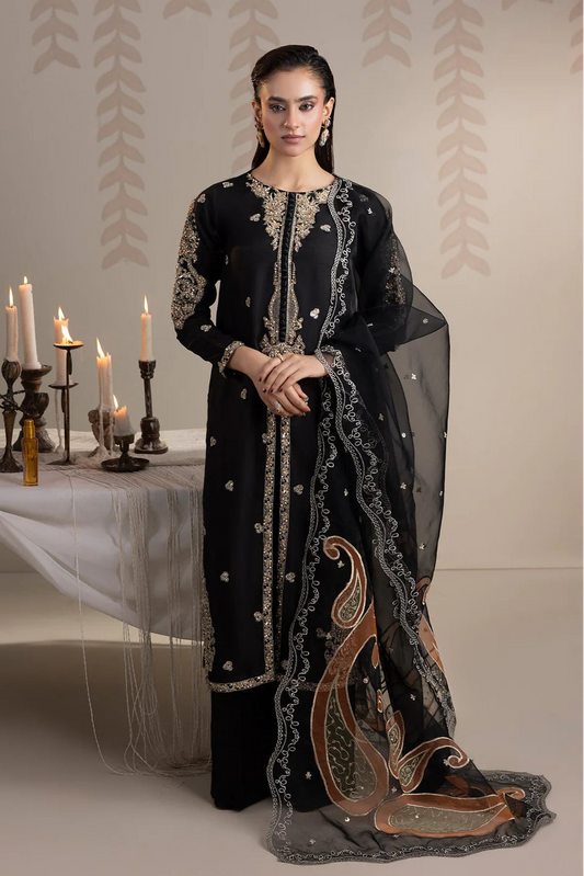 Black Embellished Raw Silk Front-Open Suit